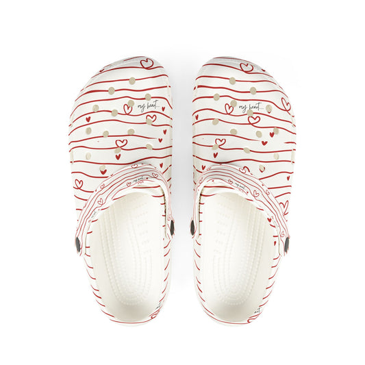 Hershe3 l Valentine Heart Stripe Clogs l Cute Red & White Slip-On Shoes